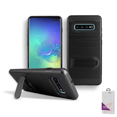 Samsung Galaxy S10 Metal Brush With Card Slot and Kickstand Hybrid Case HYB09 Black