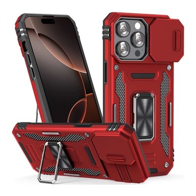 iPhone 16 Pro Built-in Slide Camera Cover  & Rotated Ring Kickstand Case Red