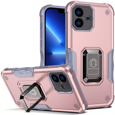 iPhone 16 Robotic Hybrid Case with Magnetic Ring Stand Pink Gold